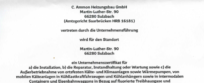 Ammon ist zertifizierter Fachbetrieb für Klima- und Kältetechnik.